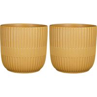 2x Stuks Plantenpot/bloempot keramiek mat okergeel stripes patroon - D19/H18 cm