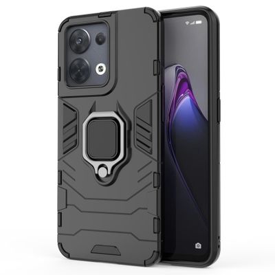 Lunso - Oppo Reno 8 - Armor backcover hoes met ringhouder - Zwart