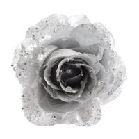 Kerstboom bloem op clip - zilver - 14 cm - kunststof - roos - kerstbloemen Kerstboom bloem op clip - zilver - 14 cm - kunststof - roos - kerstbloemen