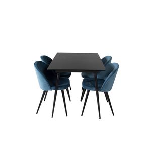 SilarBLExt eethoek eetkamertafel uitschuifbare tafel lengte cm 120 / 160 zwart en 4 Velvet eetkamerstal velours blauw,