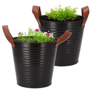 Plantenpot/bloempot emmer Leather - 2x - rond - zink - zwart - D20 x H19 cm