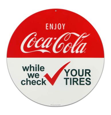 Coca-Cola Check Your Tires Embossed Metal Sign - Ø31cm