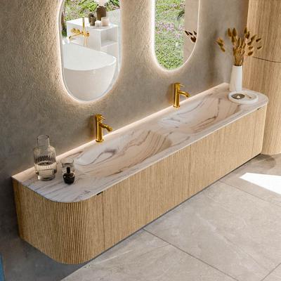Badmeubel Mondiaz Kurve-Dlux | 200 cm | Meubelkleur Oak | Wastafelkleur Nata | Solid surface | Wasbak beide zijden spoelbak | 2 kraangaten