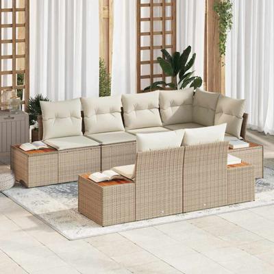 7-delige tuinset met kussens in beige poly rattan en acacia