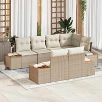7-delige tuinset met kussens in beige poly rattan en acacia
