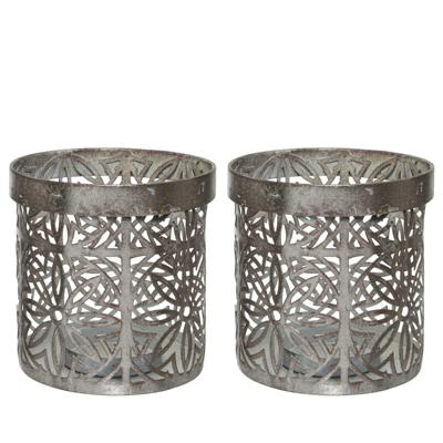 Decoris Waxinelicht houders set - 4x - metaal - grijs - bloemenpatroon - Windlichtjes - kaarsenhoude