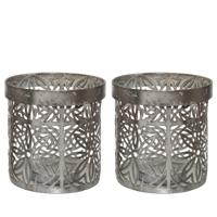 Decoris Waxinelicht houders set - 4x - metaal - grijs - bloemenpatroon - Windlichtjes - kaarsenhoude