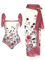 Square Neck Vacation Printing Floral One Piece With Cover Up - thumbnail