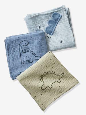 Set van 3 luiers van hydrofiel katoen PETIT DINO blauw