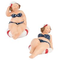 Woonkamer decoratie beeldjes set van 2 dikke dames - blauw badpak - 10 cm - thumbnail