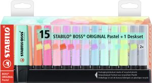 STABILO BOSS ORIGINAL Pastel desk set met pastel kleuren, markeerstift, bureauset met 15 kleuren
