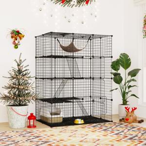 143 cm Kubusvormige Kattenkooi met 4 Verdiepingen Huisdierenverblijf met Hangmat Afneembare Metalen Draadkooi voor Katten Zwart