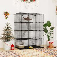 143 cm Kubusvormige Kattenkooi met 4 Verdiepingen Huisdierenverblijf met Hangmat Afneembare Metalen Draadkooi voor Katten Zwart
