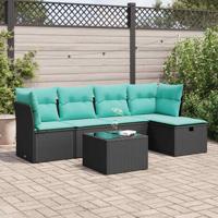 6-delige Loungeset met kussens poly rattan zwart