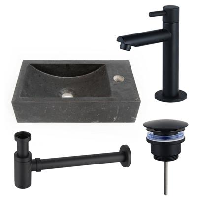 Fortifura Fuente fonteinset - 40x22 - 1 kraangat - rechts - natuursteen - fonteinkraan zwart mat - donker SW696235/SW696205/SW696215/SW728242