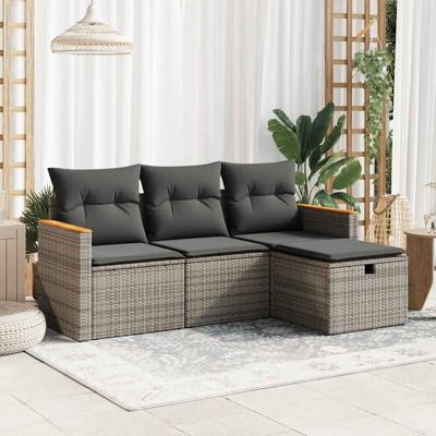 4-delige Loungeset met kussens poly rattan grijs