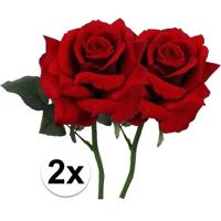 Kunstbloem Roos de luxe - 2x - rood - 30 cm - kunststof steel - decoratie bloemen