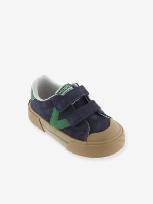 Kinderbaskets van leer en contrast met klittenband VICTORIA marineblauw