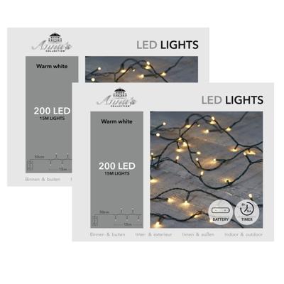 Kerstverlichting - 2x - warm wit - 1500 cm - 200 led lampjes - zwart snoer - op batterijen