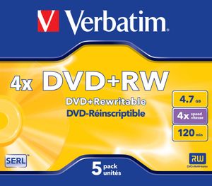 Verbatim 43229 DVD+RW disc 4.7 GB 5 stuk(s) Jewelcase Herschrijfbaar, Mat zilver oppervlak