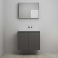 On-Line Badkamermeubelset - 80 cm - Bouwpakket - Greeploos 2 Deuren - Acryl Wastafel - zonder Kraangat - Spiegelkast - Mat Antraciet