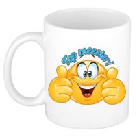 Cadeau koffie/thee mok - duim omhoog smiley - top meester - blauw - 300 ml - keramiek