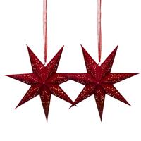 Verlichte kerstster - 2x - rood - D38 m - papier - LED - warm wit - steady light - timer - binnen