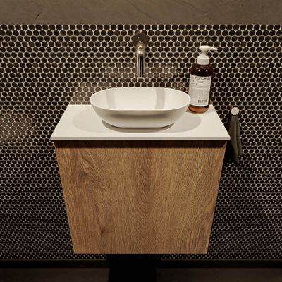 Mondiaz Fowy toiletmeubel 50cm washed oak met blad en waskom talc midden zonder kraangat Mondiaz Fowy toiletmeubel 50cm washed oak met blad en waskom talc midden zonder kraangat