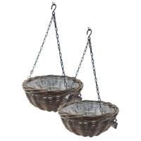 Hangmand - 2x - D30 cm - rotan gevlochten - hangende plantenbak - aan ketting - hanging basket