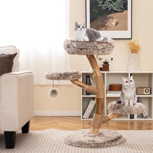 90 cm Krabpaal Massief Perenhouten Kattentoren met Zitstok Modern Kattenactiviteitencentrum met Natuurlijke Jute Krabpalen Hangende Bal