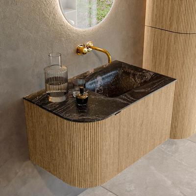 Badmeubel Mondiaz Kurve-Dlux | 75 cm | Meubelkleur Oak | Wastafelkleur Lava | Solid surface | Rechts spoelbak | Zonder kraangat(en)