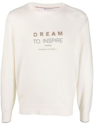Brunello Cucinelli pull en cachemire à slogan brodé - CHV08 PANAMA+GRIGIO CHIARO+GRIGIO+CAMEL