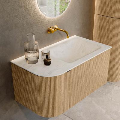 Badmeubel Mondiaz Kurve-Dlux | 85 cm | Meubelkleur Oak | Wastafelkleur Opalo | Solid surface | Rechts spoelbak | Zonder kraangat(en)