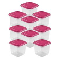 Vershoudbakjes Hega - set van 9x stuks - 0.3 liter - transparant/roze - L8 x B8 x H11 cm