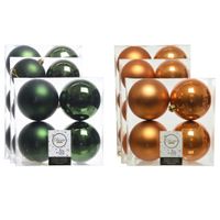 Kerstversiering kunststof kerstballen mix cognac/donkergroen 6-8-10 cm pakket van 44x stuks