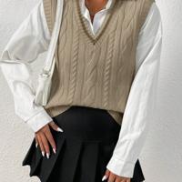 Bon&Bon Cable Knit Sweater Vest - V-Neck Striped Trim Casual Black Top Khaki-2 / S