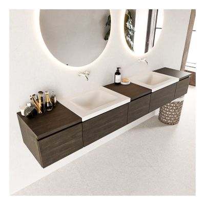 Mondiaz Bukla 240cm badmeubel met module 40 dark brown 5 lades met wastafel dubbel zonder kraangat kleur talc