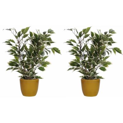 Mica Decorations 2x Ficus kunstplant - groen - 40 cm - met plantenpot - geel - D13.5 en H12.5 cm