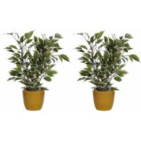 Mica Decorations 2x Ficus kunstplant - groen - 40 cm - met plantenpot - geel - D13.5 en H12.5 cm