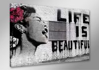 Schilderij - Banksy Life, Zwart-Wit/Roze, 80X60cm, 1luik - thumbnail