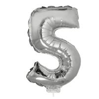 Zilveren opblaas cijfer ballon - 5 jaar - op stokje - H41 cm - Leeftijd versiering