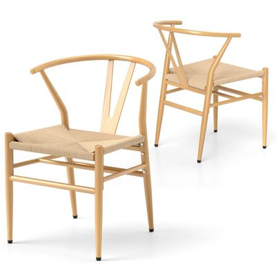 2-delige set Eetkamerstoelen Keukenstoelen met Y-vormige Rugleuning & Gevlochten Rattan Zitkussen Accentstoelen Stapelbaar Natuurlijk