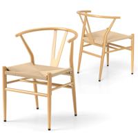 2-delige set Eetkamerstoelen Keukenstoelen met Y-vormige Rugleuning & Gevlochten Rattan Zitkussen Accentstoelen Stapelbaar Natuurlijk