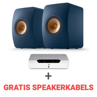 KEF Combi Deal LS50 Meta Passieve Boekenplank speaker + Bluesound Powernode EDGE (N230) Stereoversterker - Wit/Blauw (met GRATIS speakerkabels)