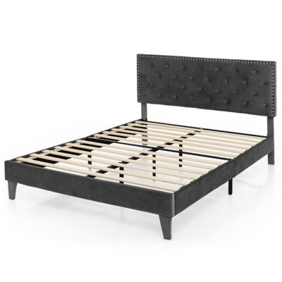 Tweepersoonsbed 180x200 cm Bedframe met Hoofdbord met Rugleuning Houten Lattenbodem Gestoffeerd Bed 31 cm Hoog Grijs
