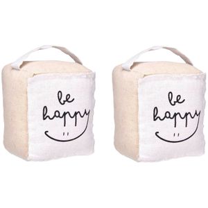 Deurstopper - 2x - 1 kilo - beige - canvas - Be happy - 14,5 x 16 x 19 cm