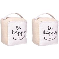 Deurstopper - 2x - 1 kilo - beige - canvas - Be happy - 14,5 x 16 x 19 cm