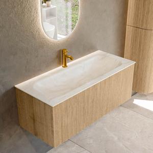 Badmeubel Mondiaz Kurve-Dlux | 110 cm | Meubelkleur Oak | Wastafelkleur Ostra | Solid surface | Midden spoelbak | 1 kraangat