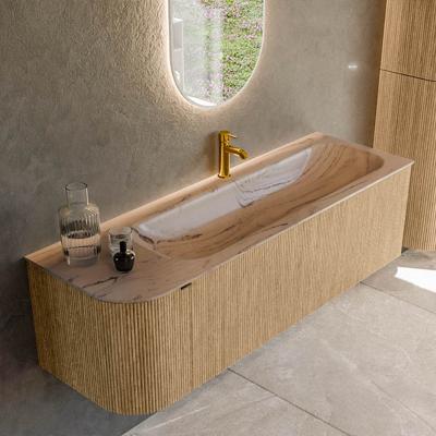 Badmeubel Mondiaz Kurve-Dlux | 145 cm | Meubelkleur Oak | Wastafelkleur Arena | Solid surface | Wasbak rechter zijde spoelbak | 1 kraangat