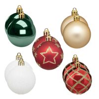 30x stuks kerstballen mix wit/rood/groen/champagne gedecoreerd kunststof 5 cm